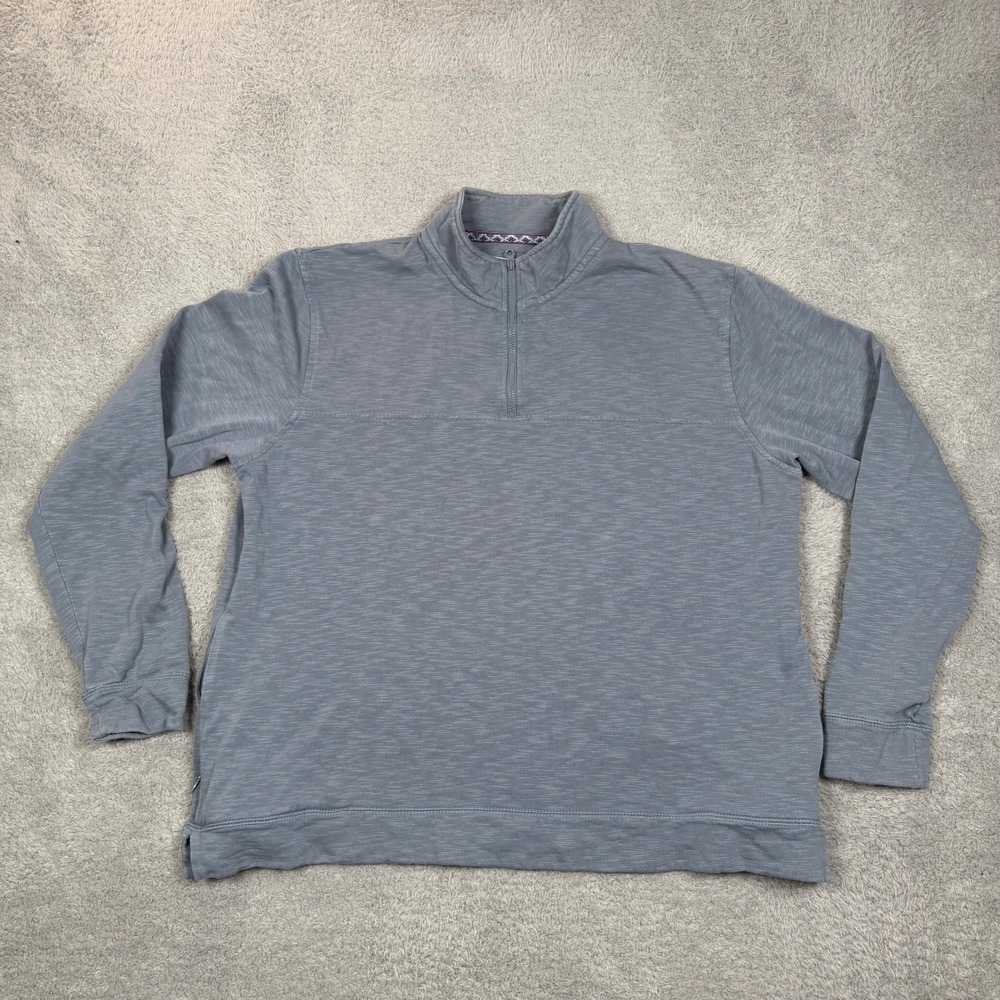 Orvis Mens XL Blue Gray Slub Knit 100% Cotton Quarter Zip Pullover Side Pockets